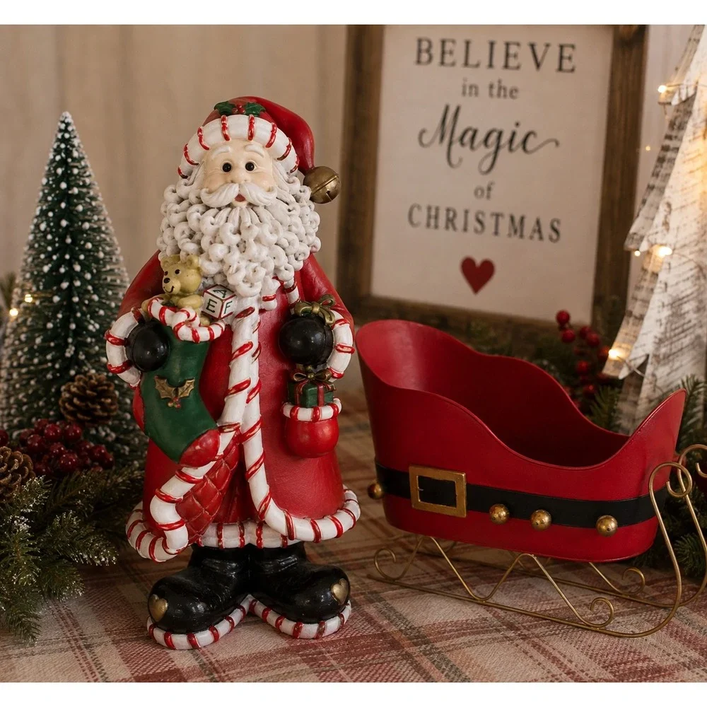 Vintage Santa Figurine Hand Painted Resin Candy Cane Heart Christmas Decor